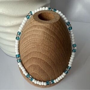Stretch Beaded Anklet with White & Baby Blue Glass Beads